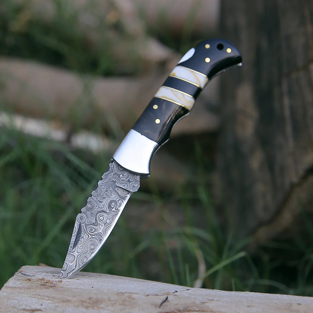 RAIN DROP PATTERN HANDMADE DAMASCUS FOLDING KNIFE || DRS KNIVES HUB