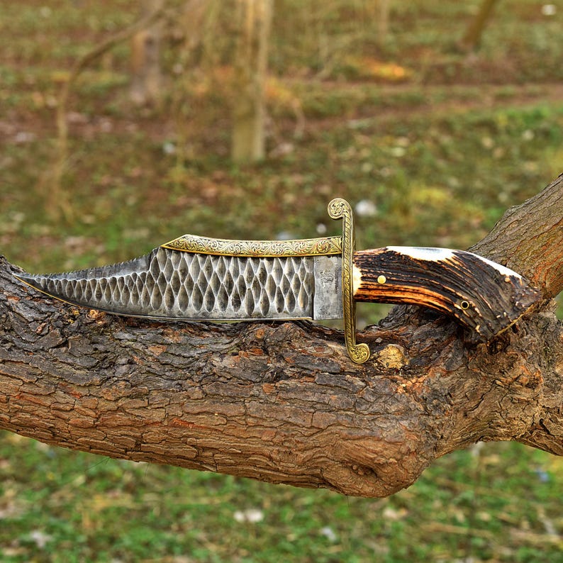 CUSTOM HANDMADE BIG BOWIE STONE WASHED STEEL ANTLER HANDLE KNIFE || DRS KNIVES HUB