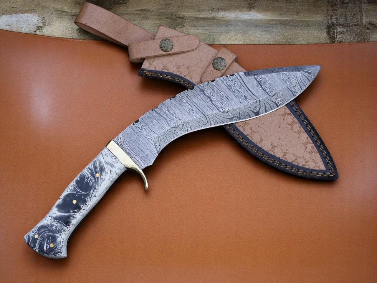 Damascus Steel Blade Handmade Kukri Knife Resin Handle With Leather sheath || Drs Knives Hub