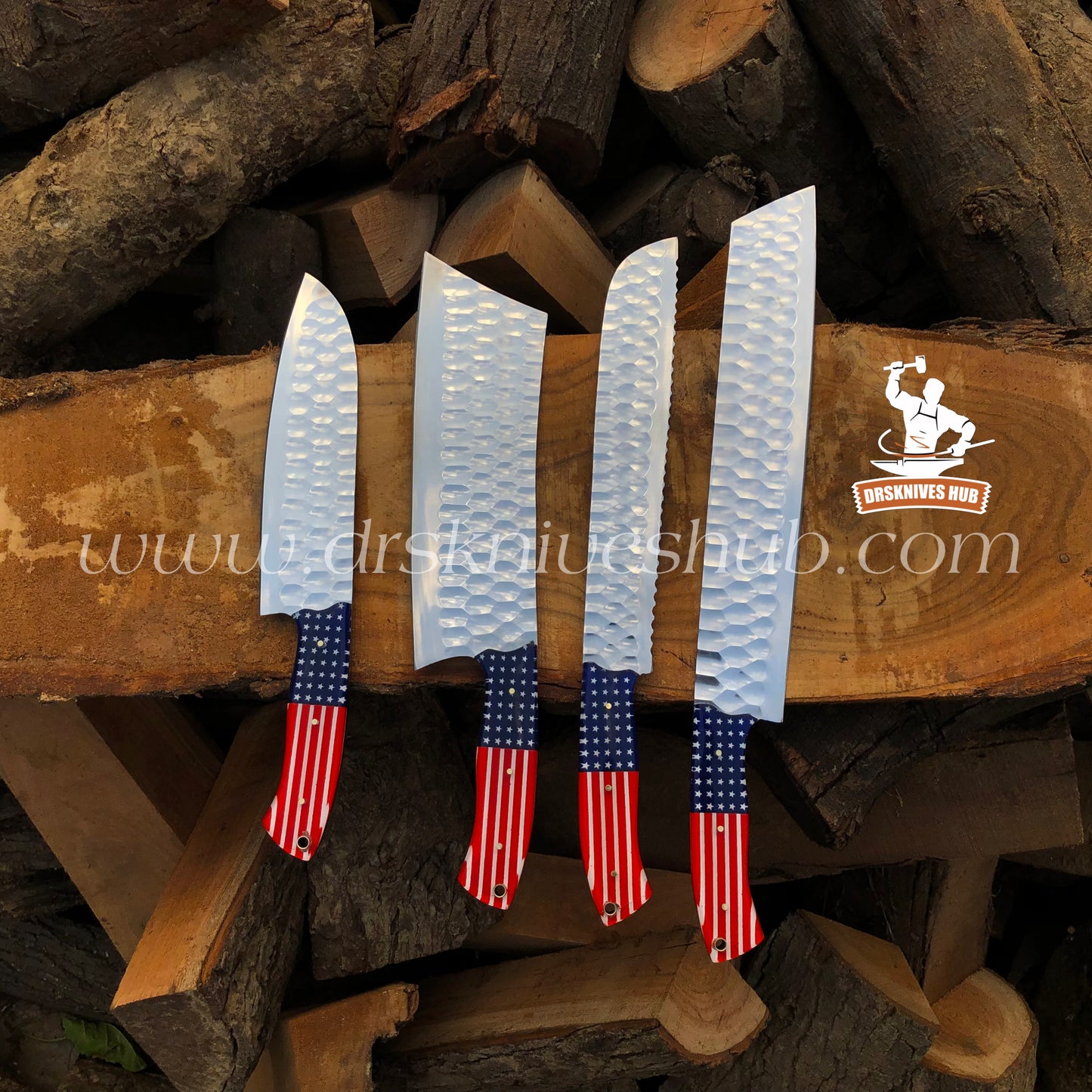 American Flag Themed Handle J2 Steel Mirror polished Handmade Chef Set