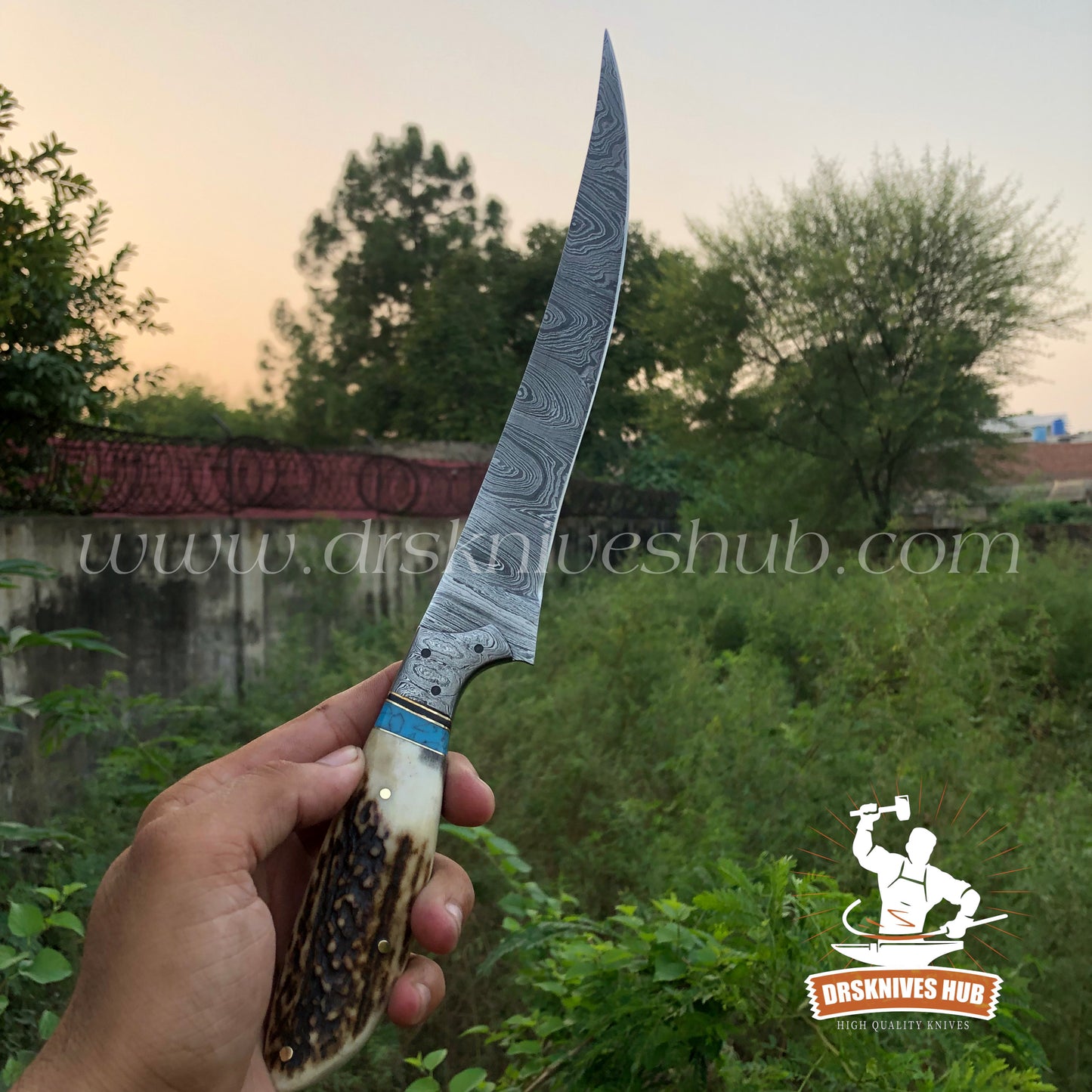14” Fishing Fillet Knife Beautiful Handmade Damascus Steel Antler Horn Handle Fillet knife