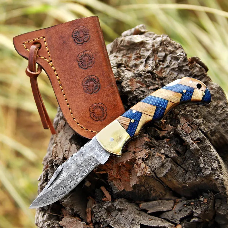 Lots Of 5 PCS Handmade Damascus Steel Folding Pocket Knives With Leather Sheath