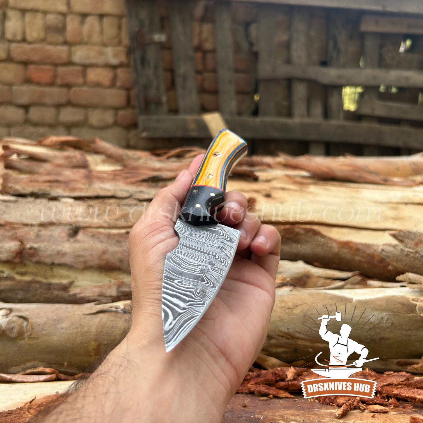 Handmade Damascus Hunting Knife – Fixed Blade Skinning Knife with wood Handle & Leather Sheath | Drs Knives Hub