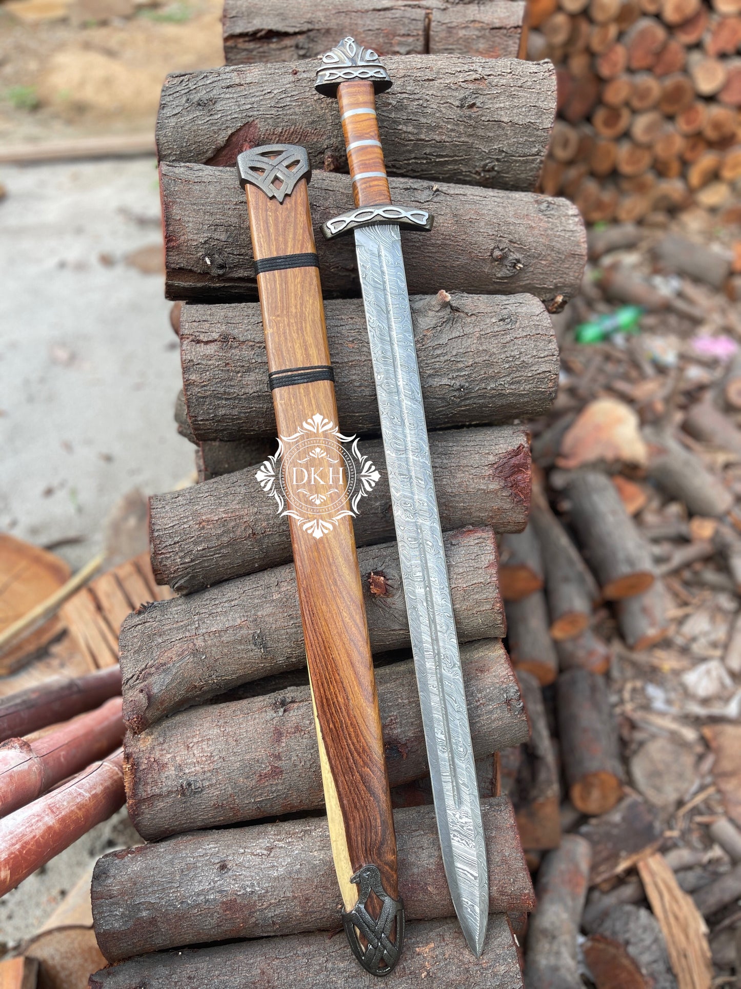 Rose Wood Handle Sword Custom Handmade Damascus Steel Sword