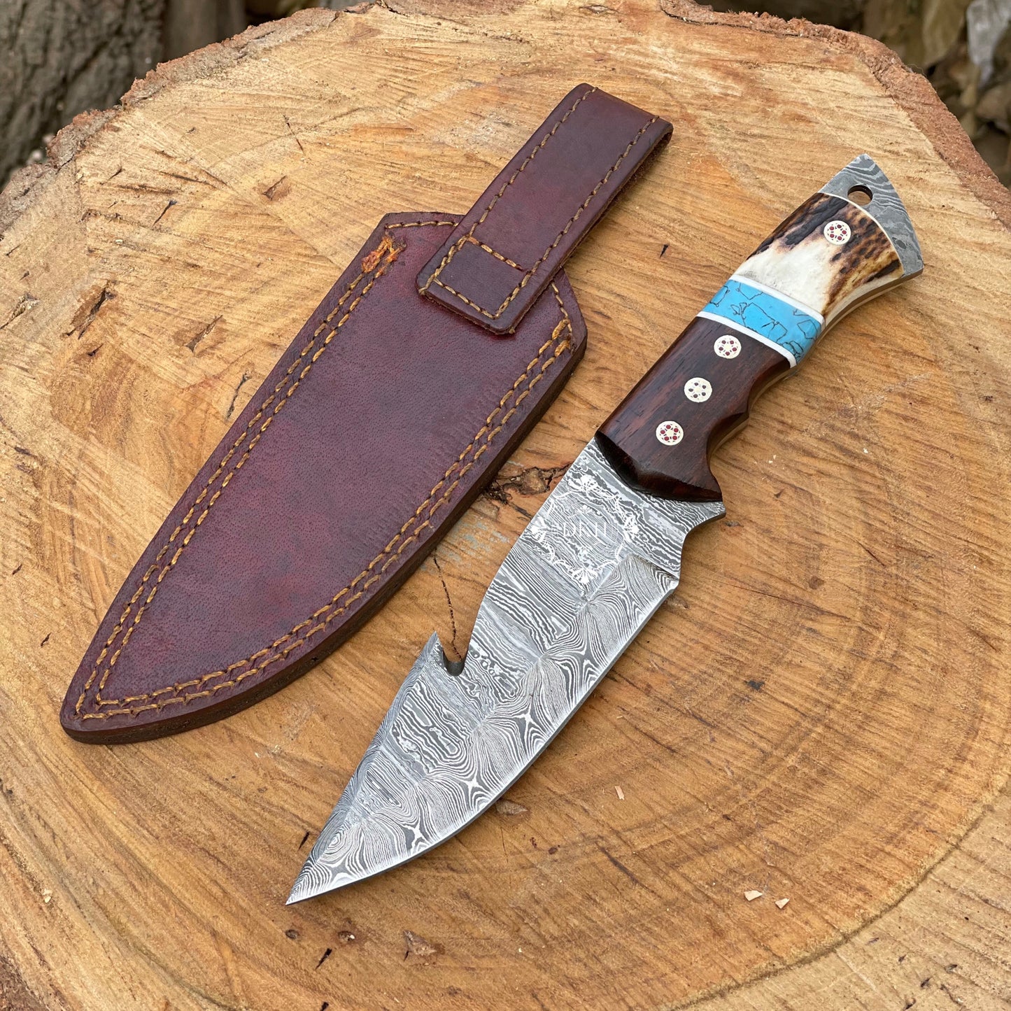 10” inches Handmade Damascus Blade Hunting Knife With Leather Sheath Cover