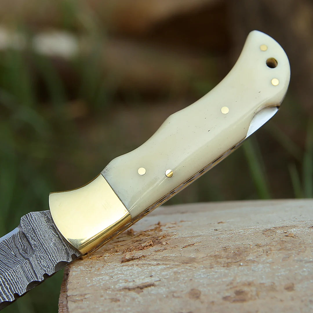 BONE HANDLE HANDMADE DAMASCUS POCKET KNIFE WITH || DRS KNIVES HUB