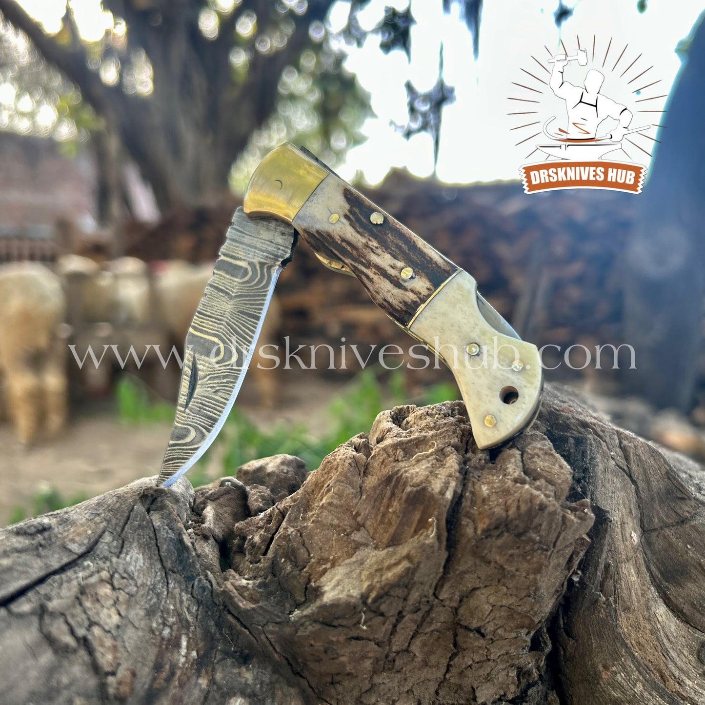 ANTLER HORN HANDLE DAMASCUS POCKET KNIFE WITH || DRS KNIVES HUB