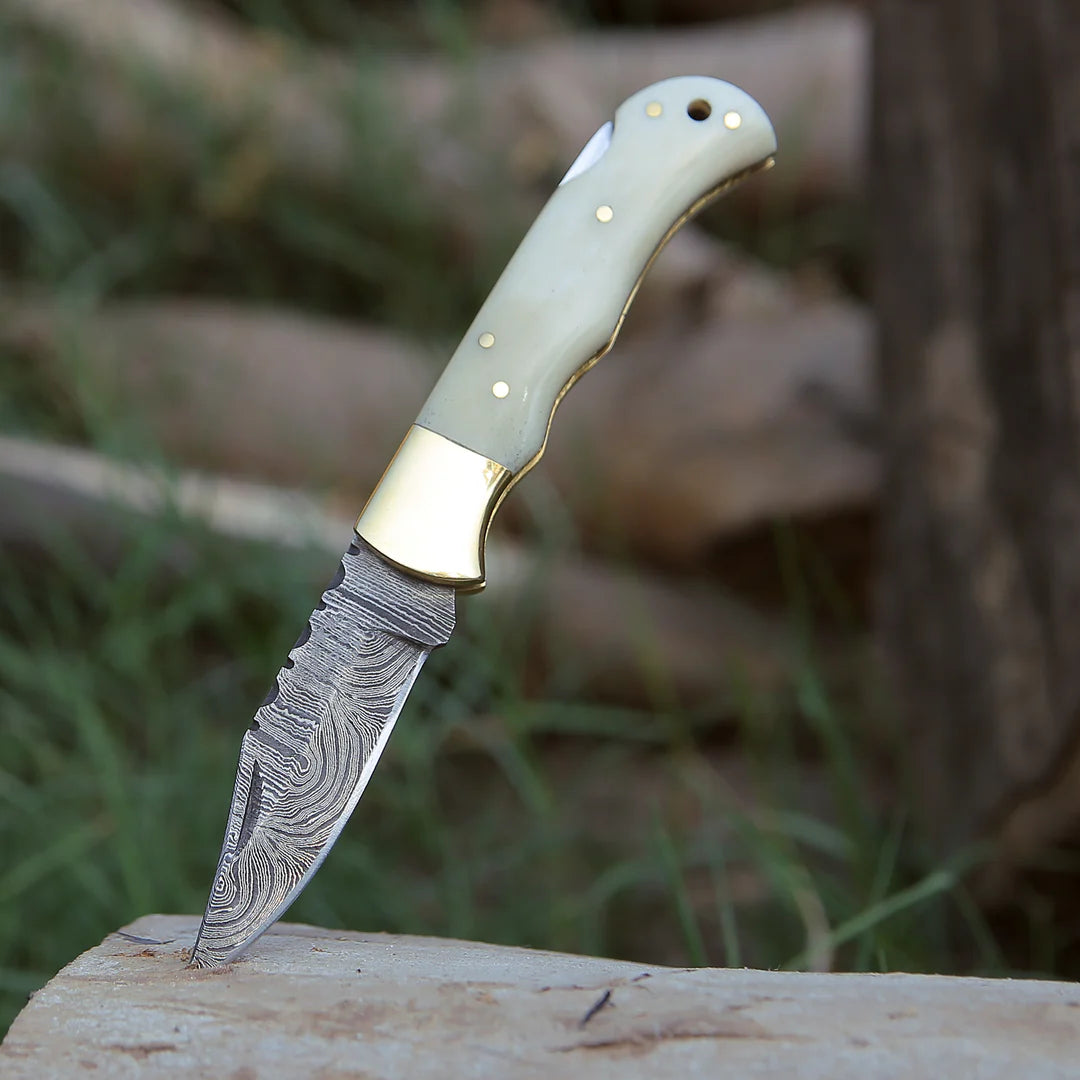 BONE HANDLE HANDMADE DAMASCUS POCKET KNIFE WITH || DRS KNIVES HUB