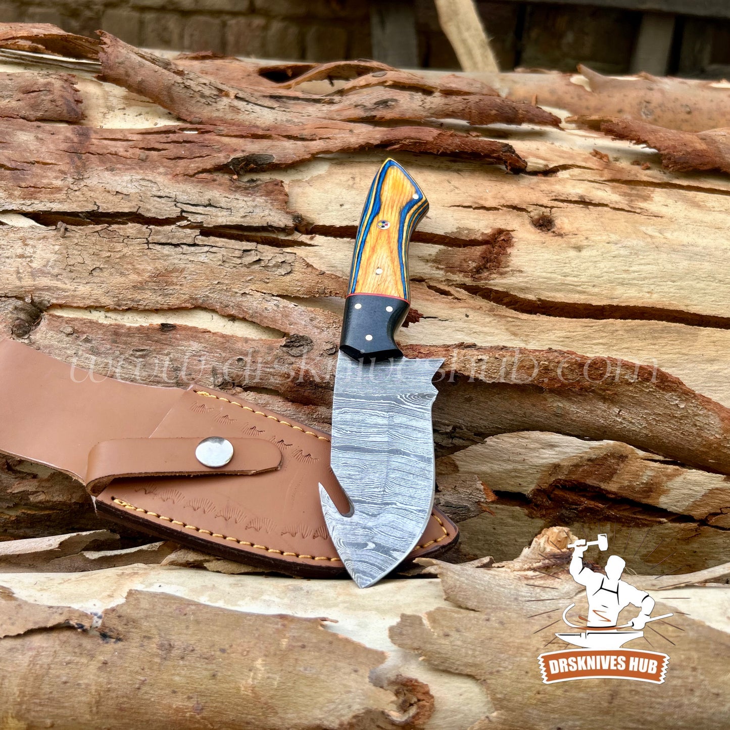 Handmade Damascus Gut Hook Skinning Knife – Wood Handle with Leather Sheath