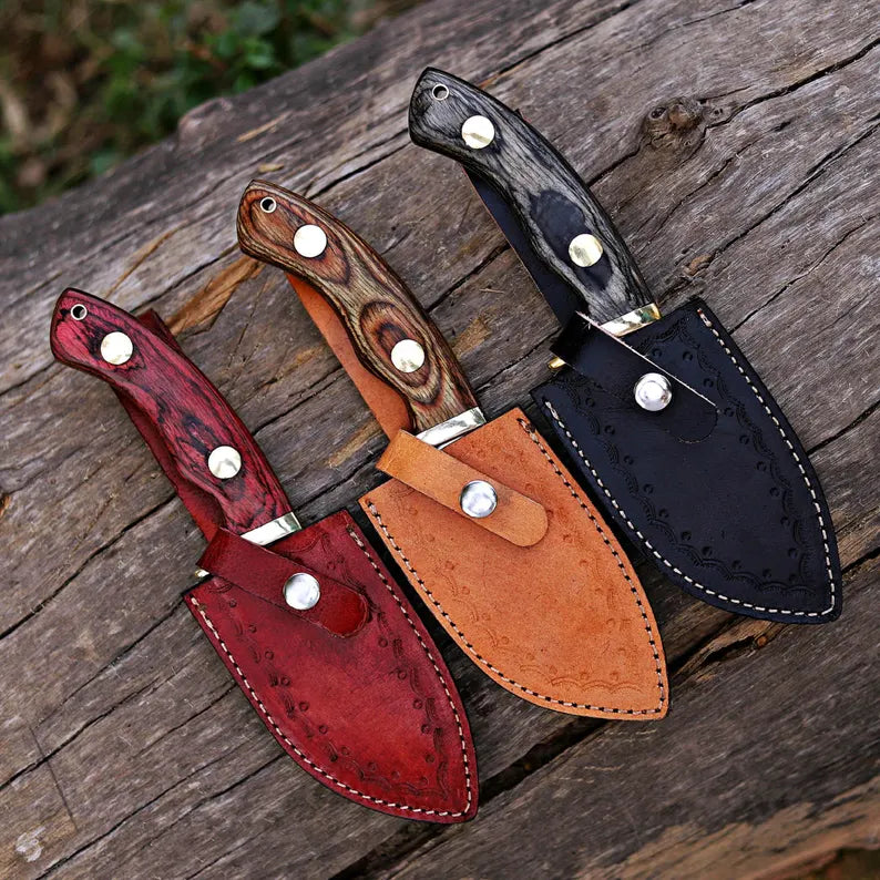 Pair Of 3 Custom Gut Hook Knife with Wood Handle & Luxurious Leather Sheath - Great Gift for Adventurers and Collectors