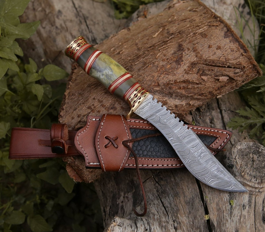 HANDMADE DAMASCUS STEEL KUKRI KNIFE WITH LEATHER SHEATH || DRS KNIVES HUB