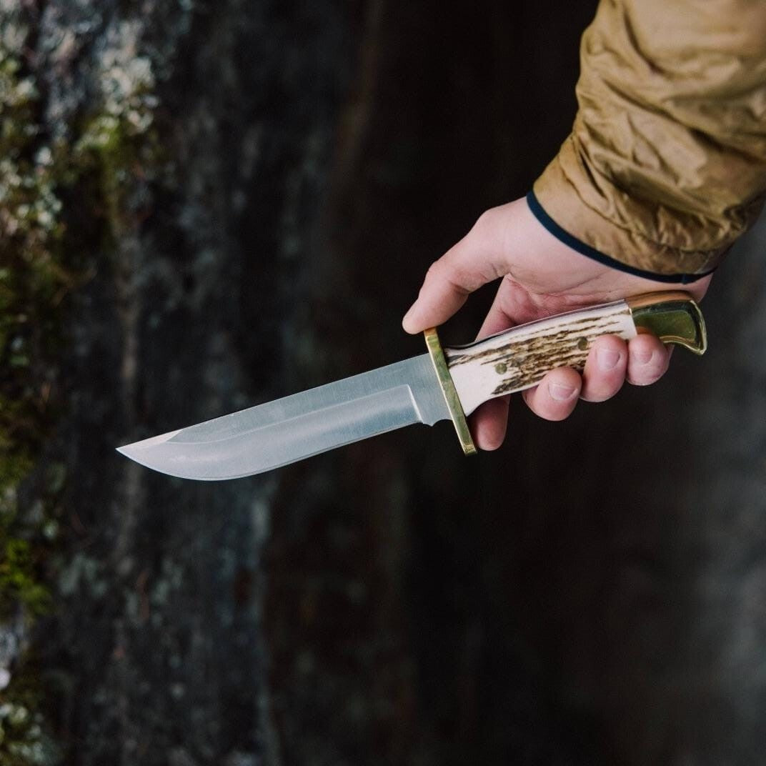 Custom Handmade 14” Carbon Steel Hunting Knife with Stag Horn Handle & Leather Sheath | DRSKNIVES HUB