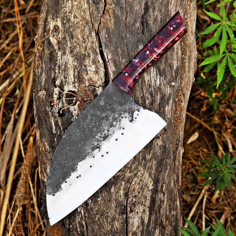 Hand-Forged Meat Cleaver with Resin Handle and Leather Sheath – Durable Resin Handle Chopper Knife