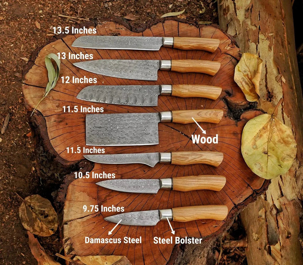 Premium 7-Piece Handmade Damascus Chef Knife Set with Leather Roll – DRSKNIVES HUB