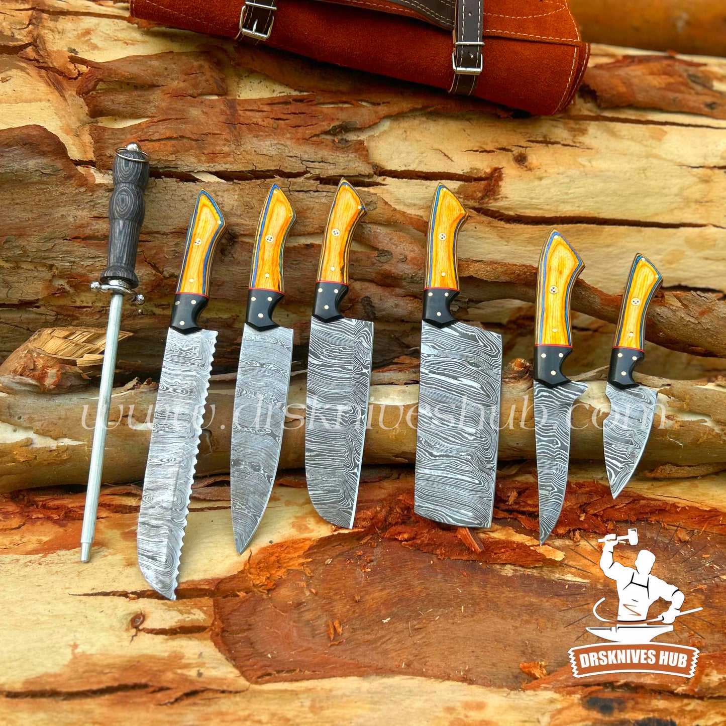 Handmade Damascus Kitchen Knife Set – 8-Piece Chef Knives with Leather Roll Kit | Drs Knives Hub