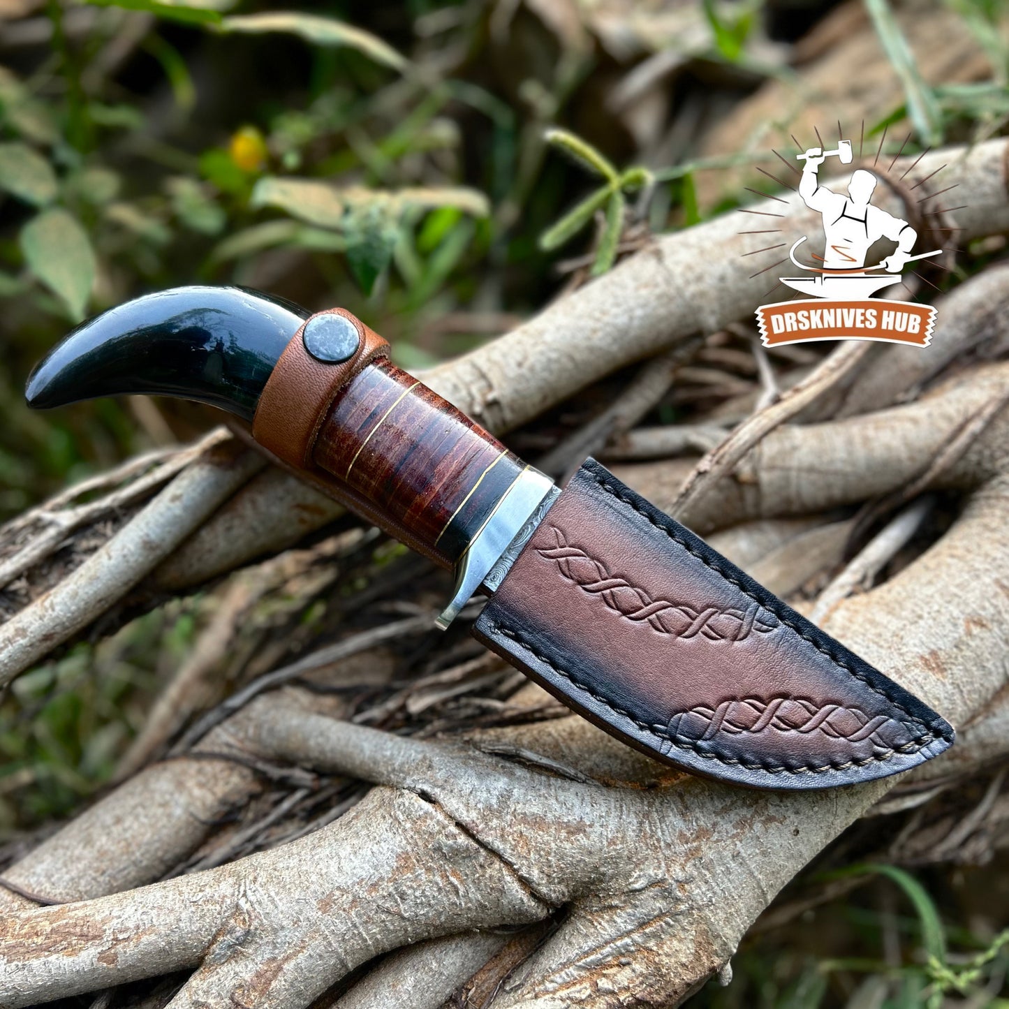 Handmade Damascus Steel Skinning Knife | Buffalo Horn & Leather Handle | DRSKNIVES HUB