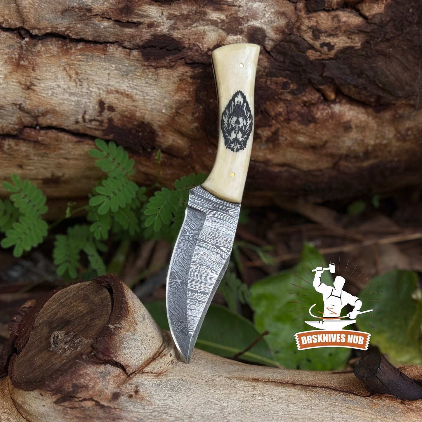 Beautiful Handmade Damascus Hunting Skinner Knife Bone Handle with Lion Print | DRSKNIVES HUB