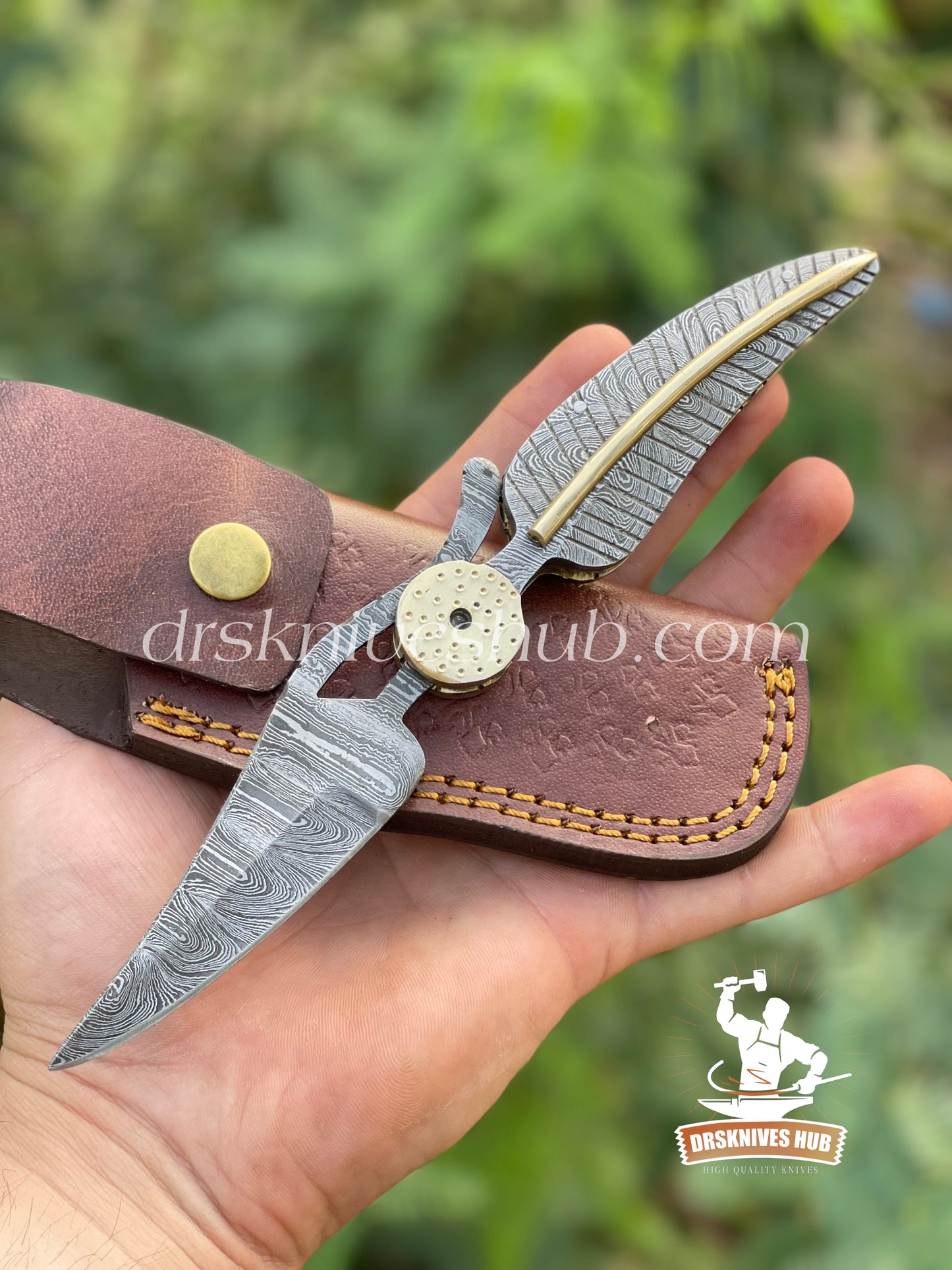 Fully Damascus Steel Handmade Folding Pocket Knife With Leather Pouch Camping knife