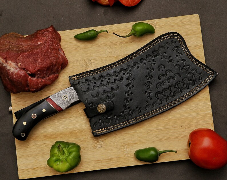 HANDMADE DAMASCUS STEEL CHOPPER /CLEAVER KNIFE WITH LEATHER SHEATH || DRS KNIVES HUB