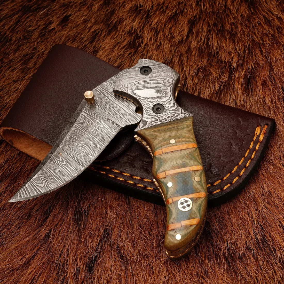 Damascus steel handmade folding knife Everyday Carry with leather pouch || drs knives hub