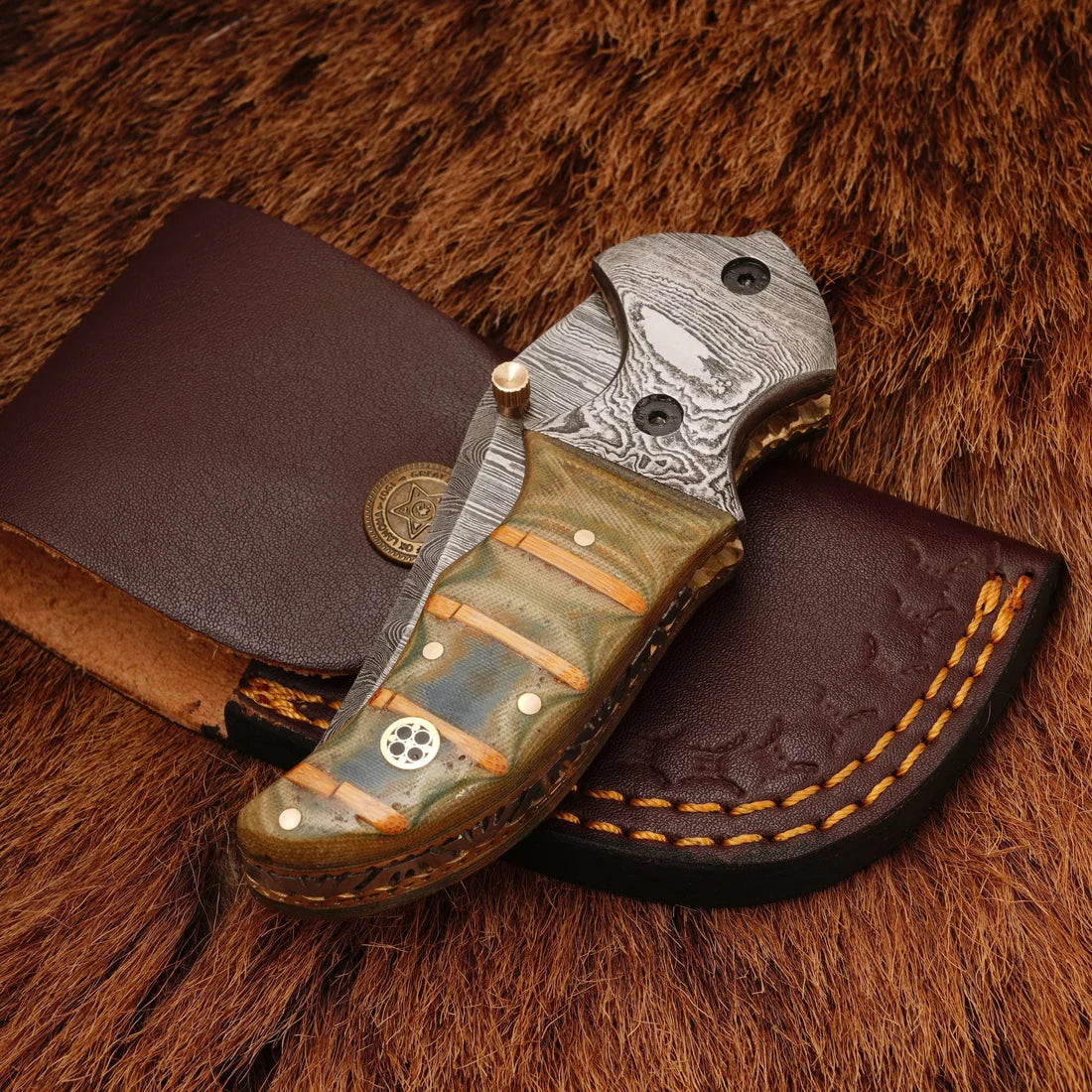 Damascus steel handmade folding knife Everyday Carry with leather pouch || drs knives hub