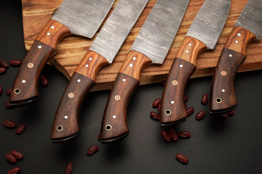 Custom Handmade Damascus Steel High-quality kitchen set Wood Handle With Leather Sheath Cover || Drs Knives Hub