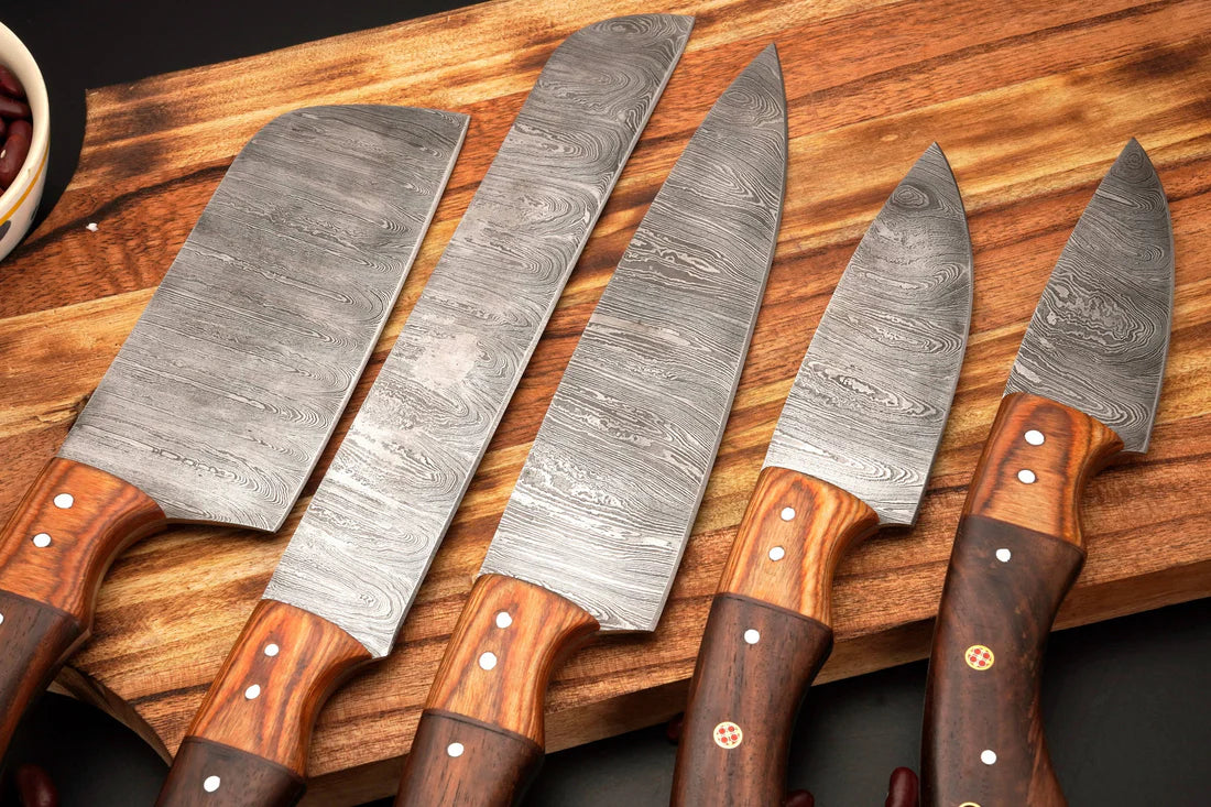 Custom Handmade Damascus Steel High-quality kitchen set Wood Handle With Leather Sheath Cover || Drs Knives Hub