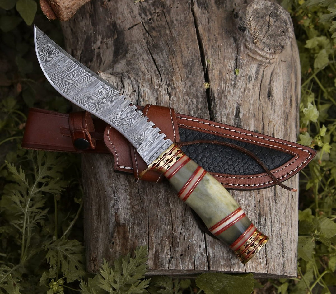 HANDMADE DAMASCUS STEEL KUKRI KNIFE WITH LEATHER SHEATH || DRS KNIVES HUB