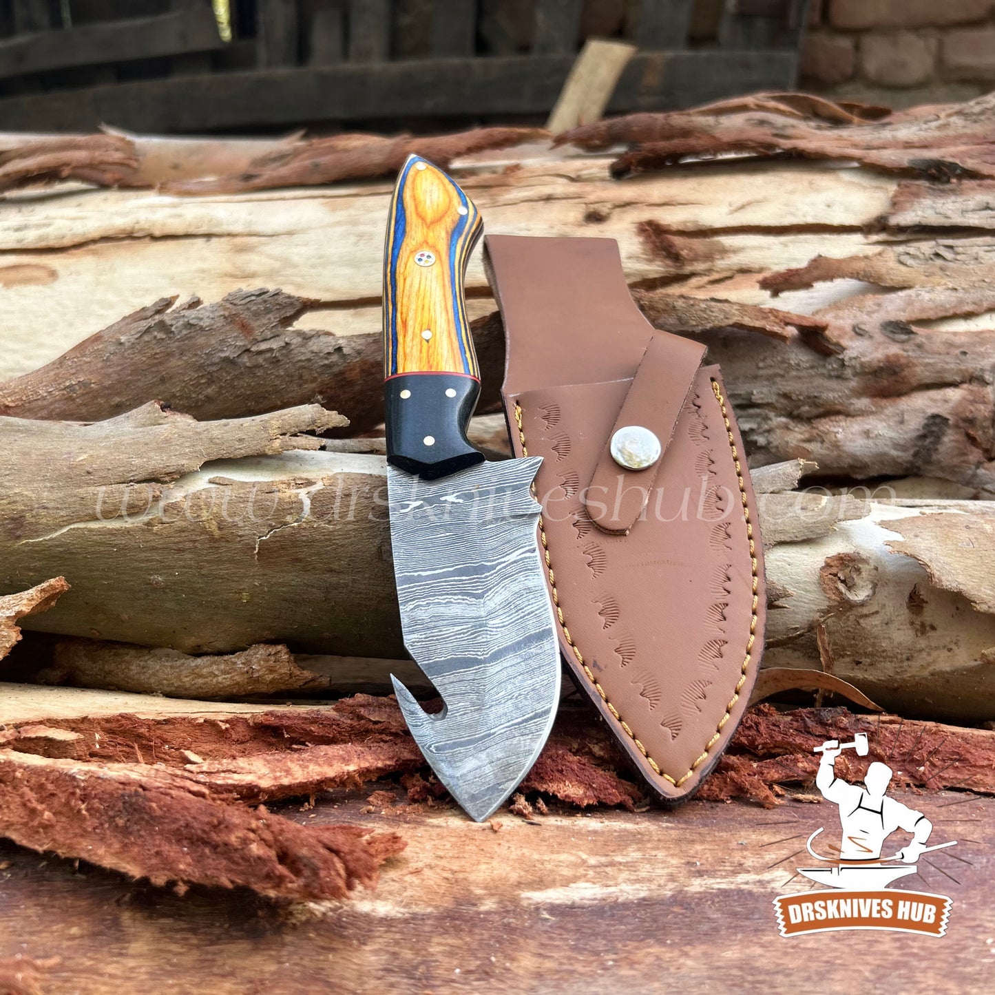 Handmade Damascus Gut Hook Skinning Knife – Wood Handle with Leather Sheath