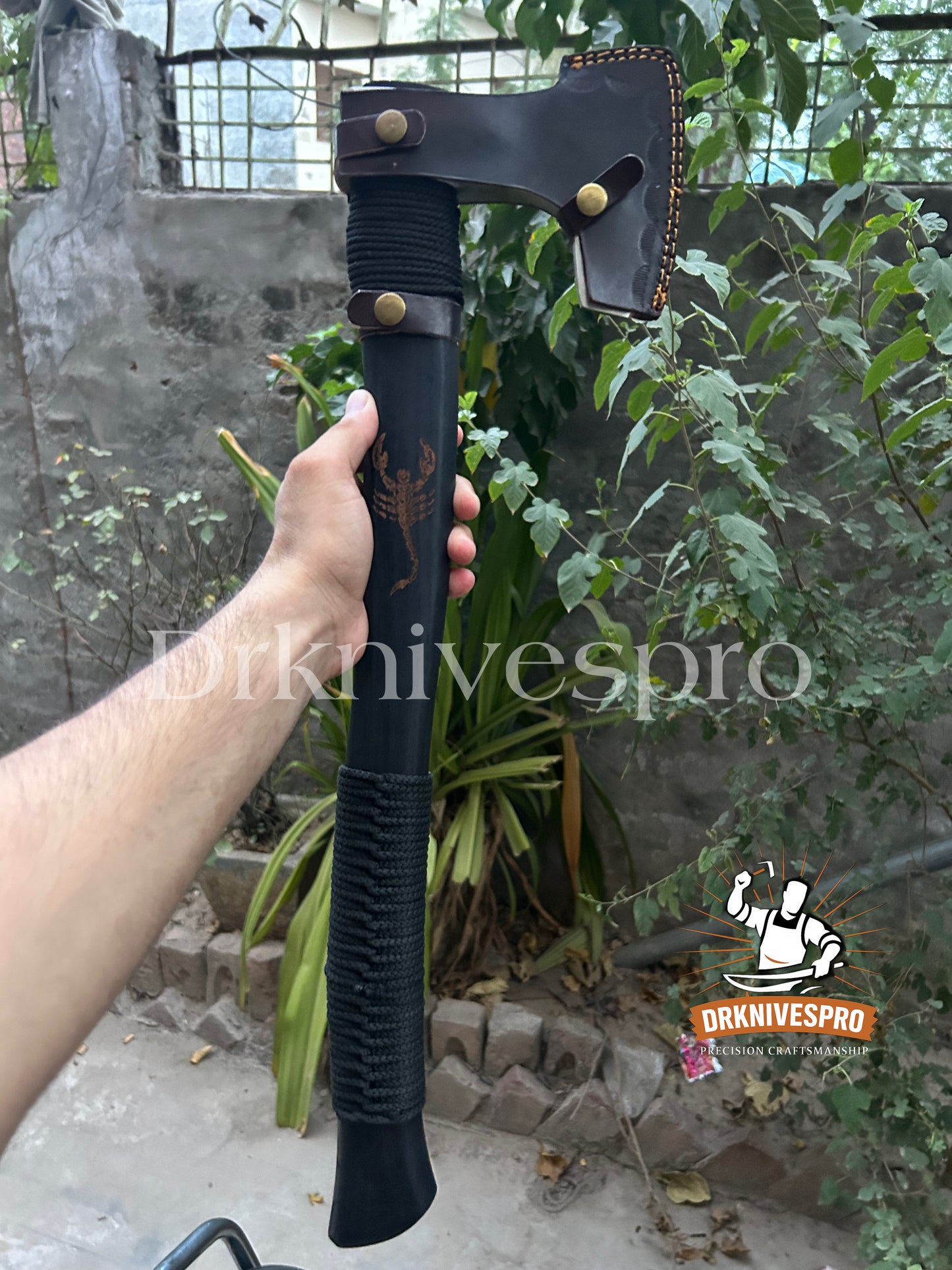 Handmade Engraved Carbon Steel Woodcarving Axe – Scorpion Design with Leather Sheath | DRSKNIVES HUB