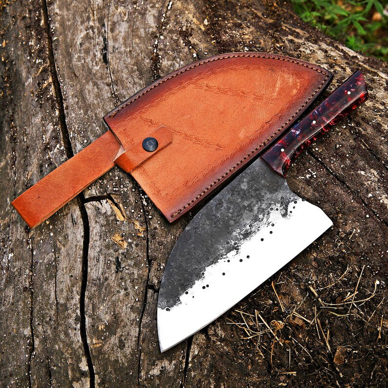 Hand-Forged Meat Cleaver with Resin Handle and Leather Sheath – Durable Resin Handle Chopper Knife