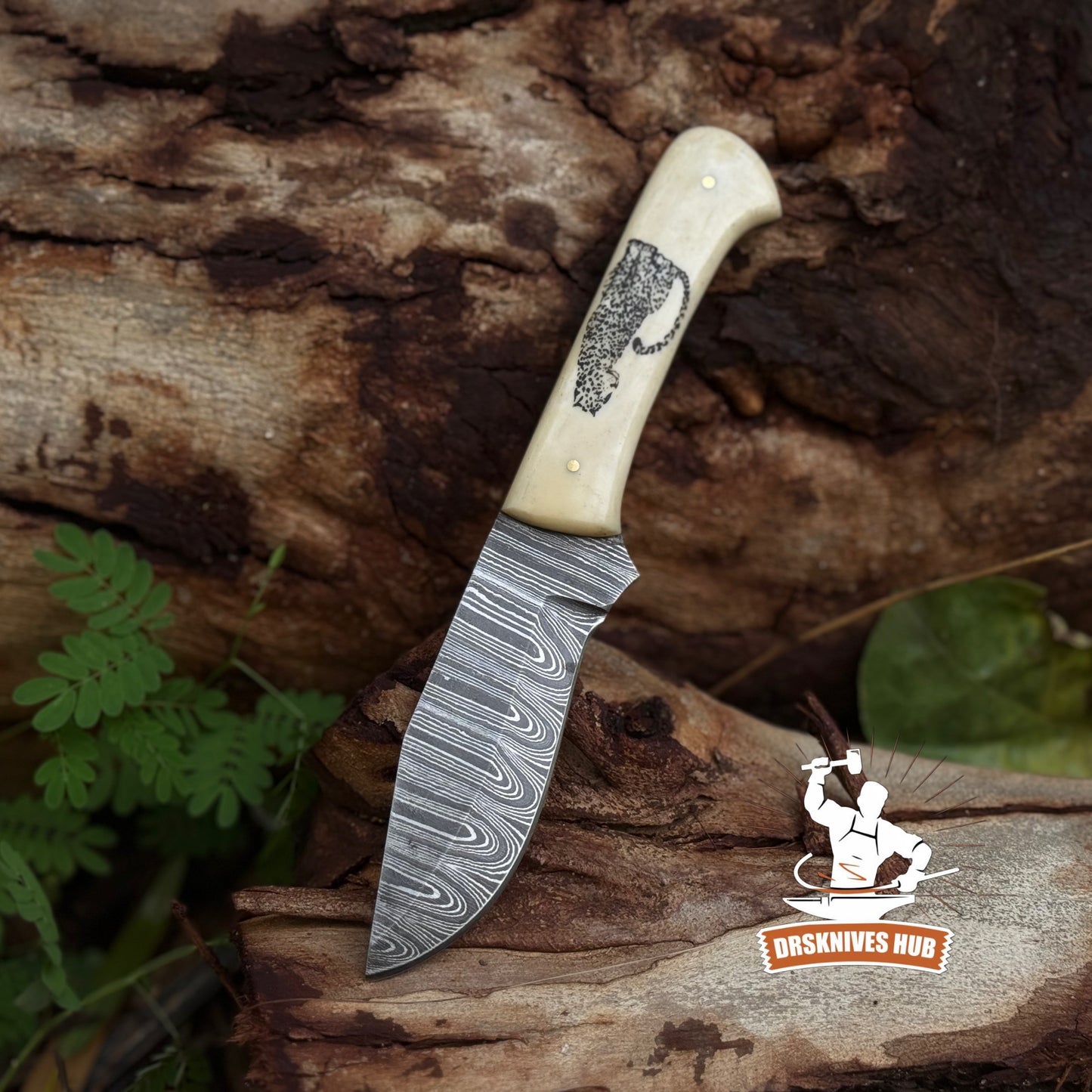 Full Tang Hand Forged Damascus Hunting Skinner Knife Bone Handle with Wolf Print | DRSKNIVES HUB