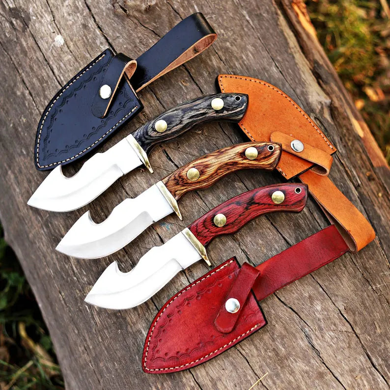 Pair Of 3 Custom Gut Hook Knife with Wood Handle & Luxurious Leather Sheath - Great Gift for Adventurers and Collectors