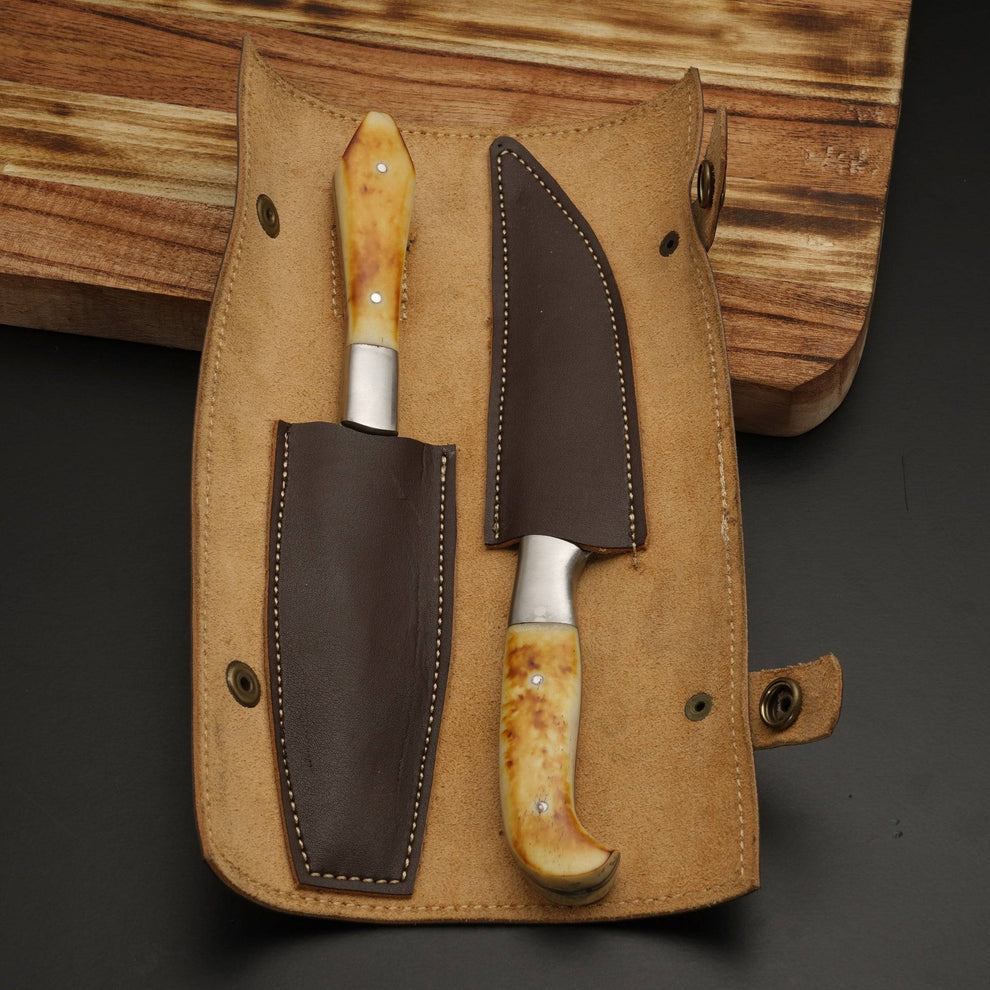 Bone handle craving knife pair with leather sheath wrap|| Drs Knives Hub