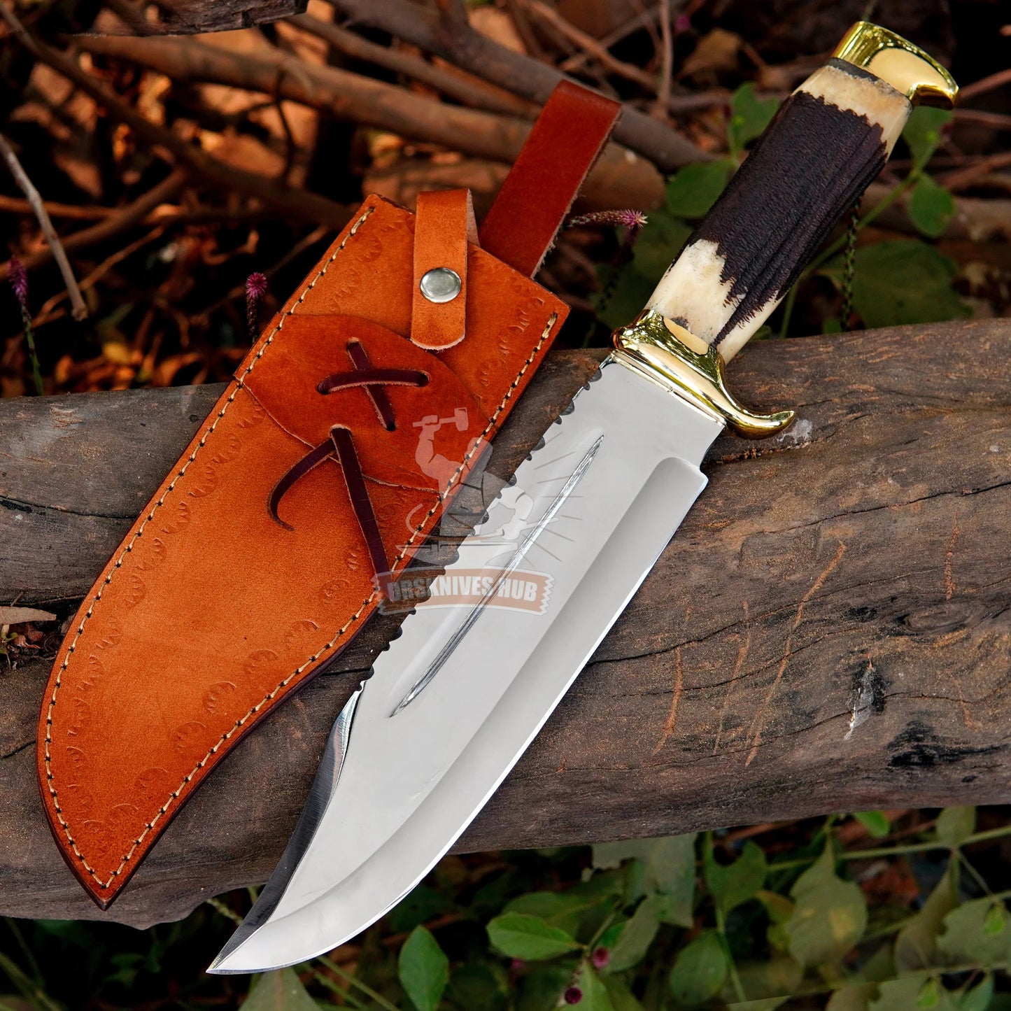 Handmade Bowie Knife – High Carbon Steel, Stag Antler Handle & Leather Sheath