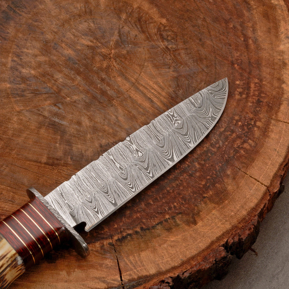 Edc Knife custom handmade Damascus steel hunting bowie knife with leather wrap || drs knives hub