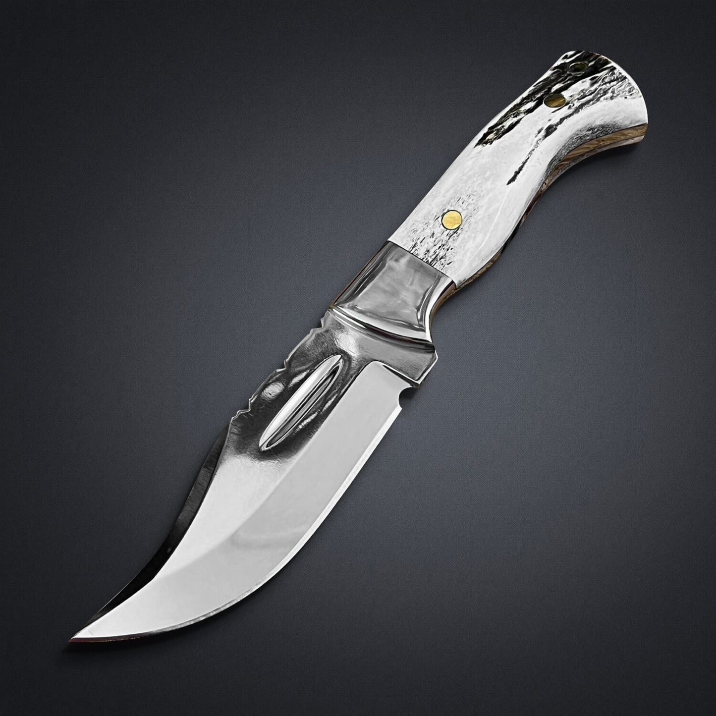 D2 Steel Fixed Blade Hunting Knife — Antler Horn Handle & Leather Sheath | DRSKNIVES HUB