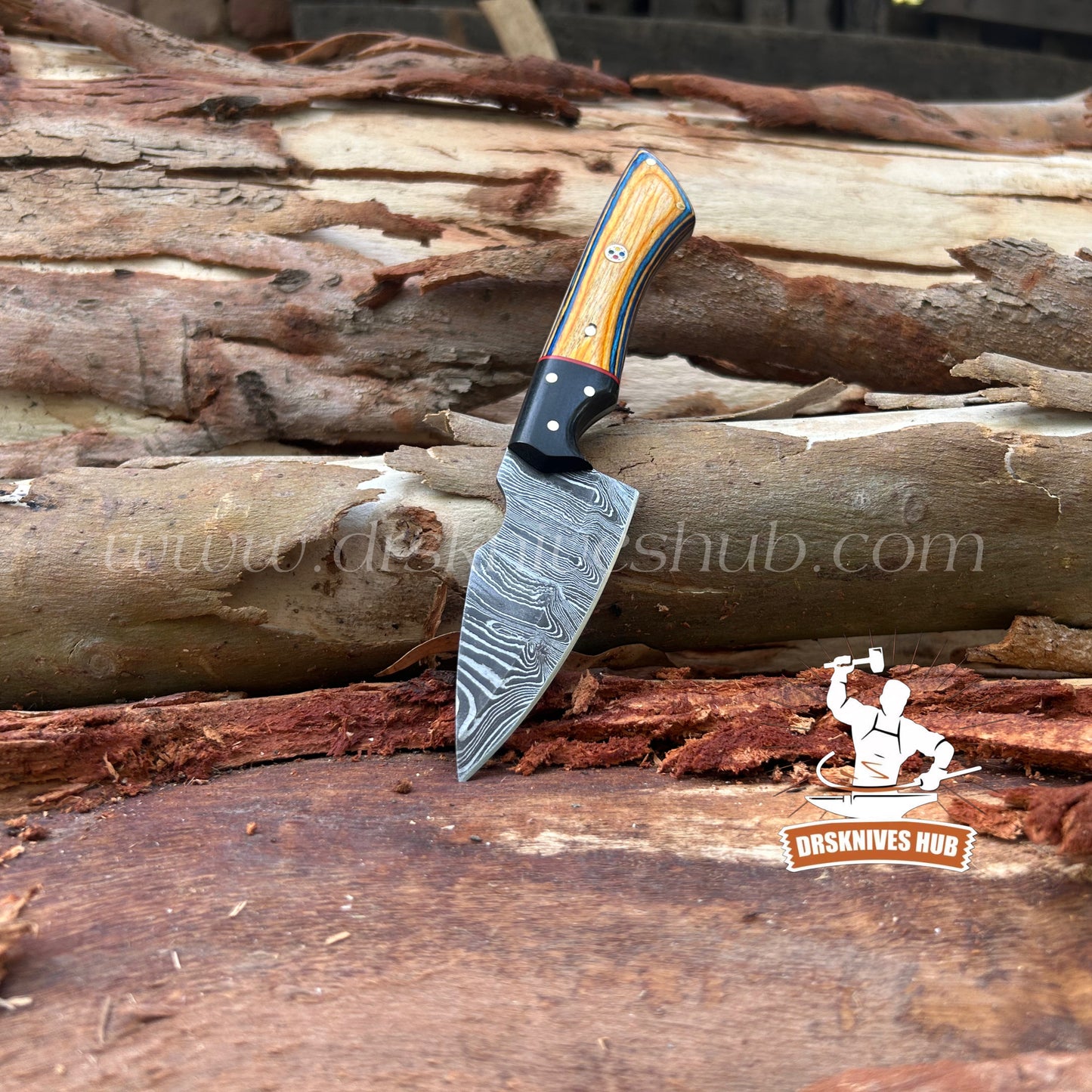 Handmade Damascus Hunting Knife – Fixed Blade Skinning Knife with wood Handle & Leather Sheath | Drs Knives Hub