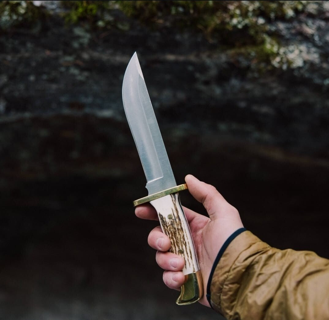 Custom Handmade 14” Carbon Steel Hunting Knife with Stag Horn Handle & Leather Sheath | DRSKNIVES HUB