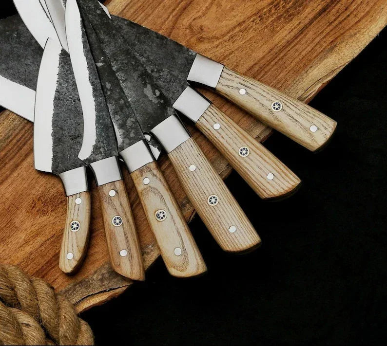 1095 and 15N20 carbon steel chef knife set with Pakka wood handles