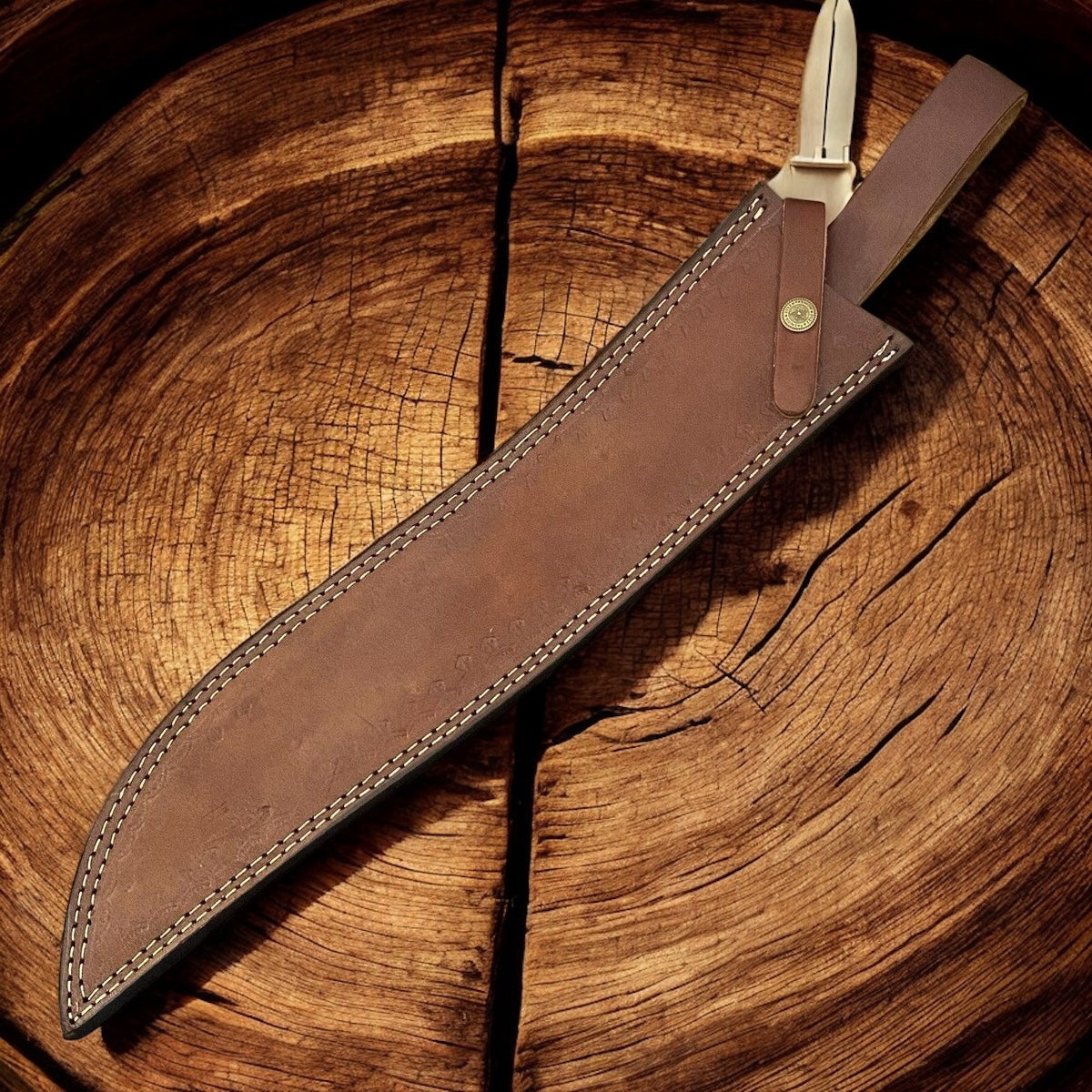 21.5” Custom Hand-Forged Damascus Steel Bowie Knife – Big Hunting & Bushcraft Knife with Leather Sheath | DRSKNIVES HUB