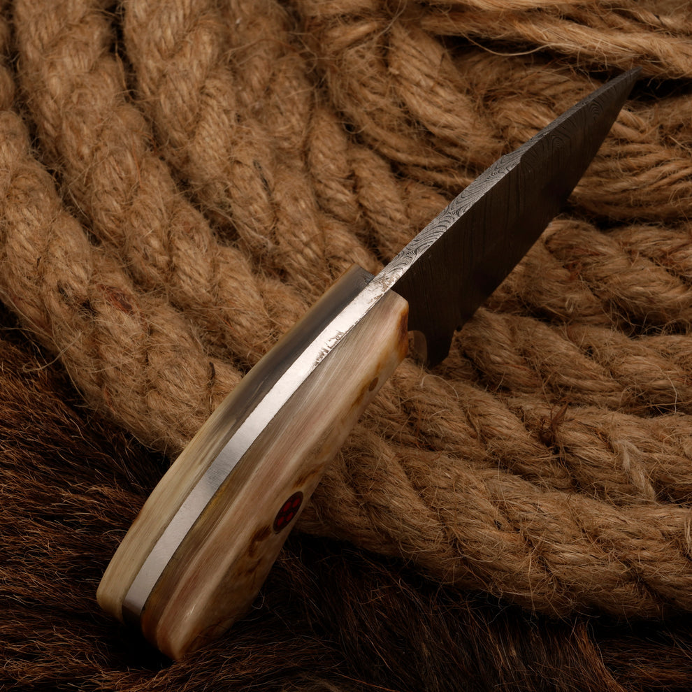 Handmade Damascus steel skinner knife ram horn handle || drs knives hub