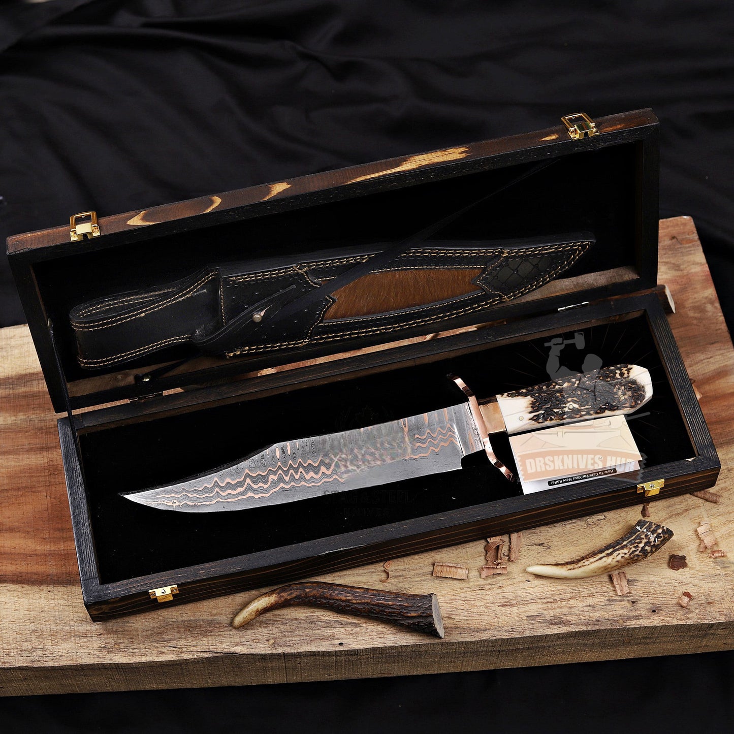 17” Inches Copper Damascus Full Tang Bowie With Leather Sheath and Wooden Box