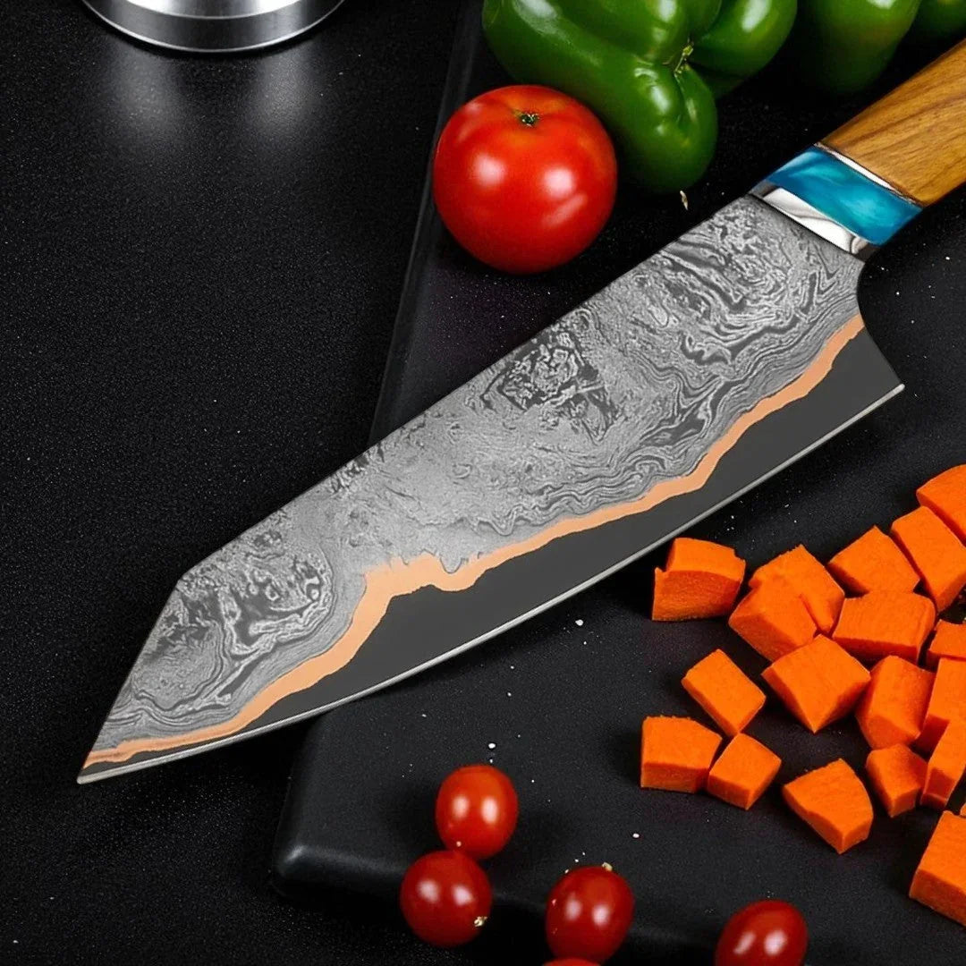 Handmade Copper Damascus kitchen knife blue resin wood handle