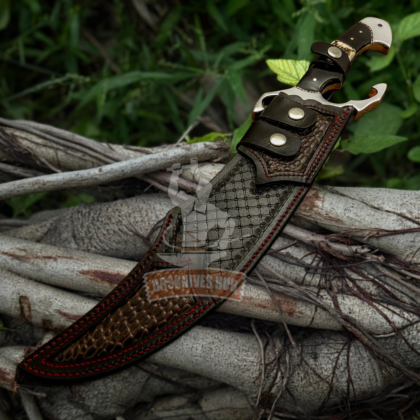 Handmade Bowie Knife with Stag Antler & Bull Horn Handle and Leather Sheath