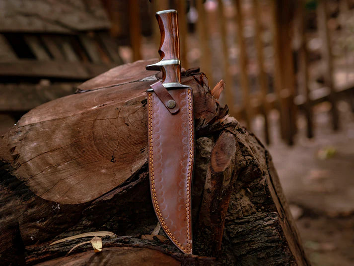 Rosewood Handle Hand-Forged Damascus Steel Bowie with Leather Sheath Cover