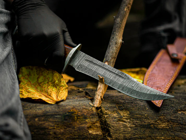 Rosewood Handle Hand-Forged Damascus Steel Bowie with Leather Sheath Cover