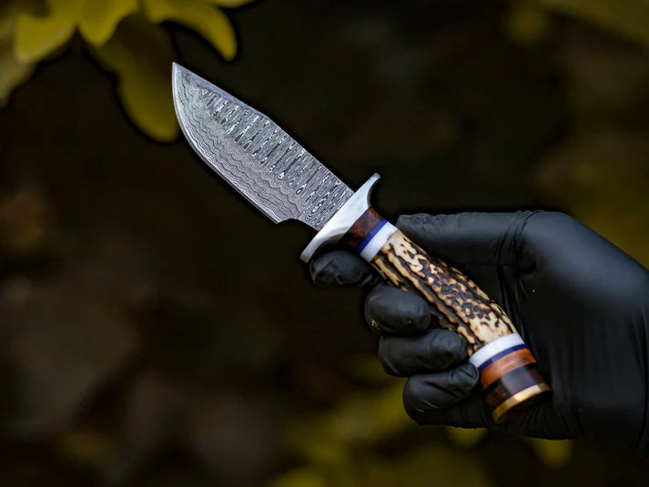 Hand-Forged Damascus Steel Knife with Stag Handle With Leather Sheath Cover