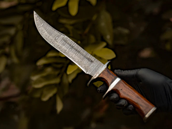 Rosewood Handle Hand-Forged Damascus Steel Bowie with Leather Sheath Cover