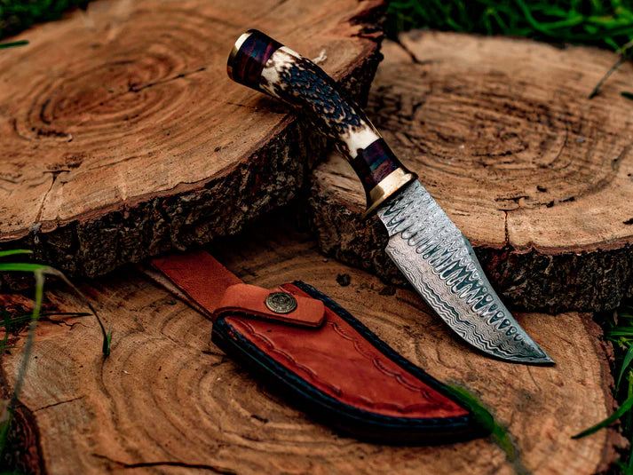 Stag Horn Handle Hand-Forged Damascus Steel Knife with Brass Guard Handle